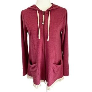 Logo Lounge Womens French Terry Hoodie Sweatshirt XS Red Ruffle Hem Zip Up Swing